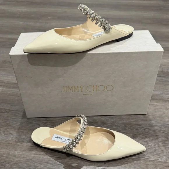 Jimmy Choo Bing Crystal Strap Patent Leather in Linen Mule Flats - Picture 1 of 16